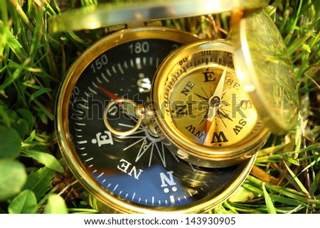 Two golden compasses on green grass