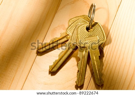 Bunch of keys on the wooden background