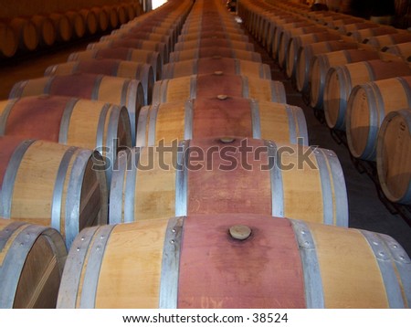 Oak barrels storing wine at a winery in the Rioja Valley in Spain