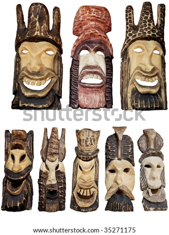 traditional ancient moldavian masks. wood handcraft made by local artists. isolated on white
