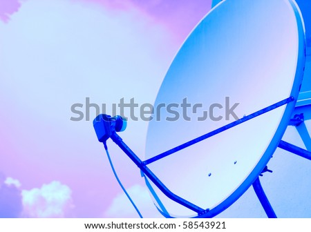 Telecommunication tv dish with receiever against sky blue pink theme