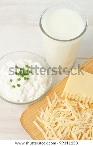 Overhead shot showing milk and dairy products as healthy food choices