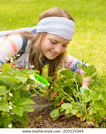 young girl gathering berries