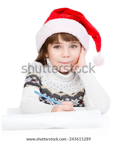 girl thinking what to write in a letter to Santa Claus. isolated on white background