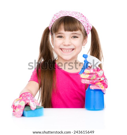 happy girl cleans the house. isolated on white background