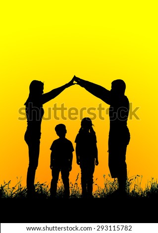 Silhouette of a happy family making the home sign at sunset.