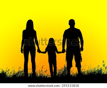 silhouette father, mother and daughter holding hands at sunset.