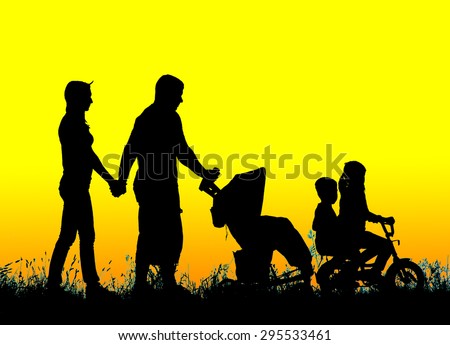 silhouette of a large family that walks at sunset.