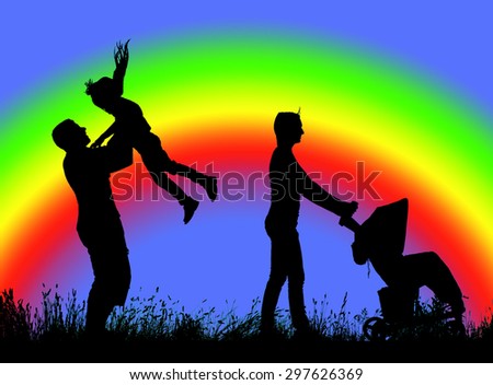 family silhouette walking on a background of rainbow.