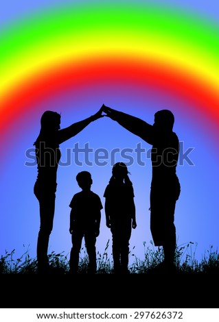 Silhouette of a happy family making the home sign on a background of rainbow.