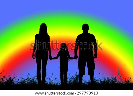 silhouette father, mother and daughter holding hands on a background of rainbow