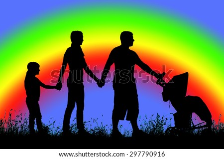 silhouette of a large family that walks on a background of rainbow