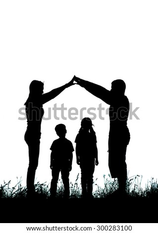 Silhouette of a happy family making the home sign at sunset.