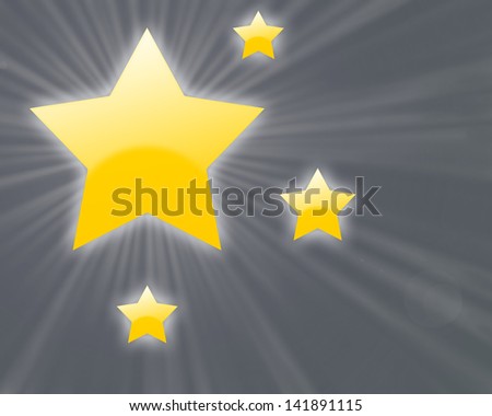 Yellow shining stars with light rays on a grey gradient background