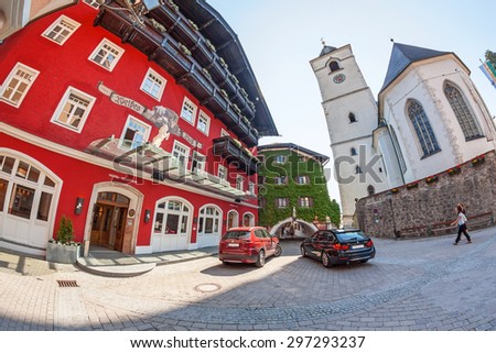 St. Wolfgang, Austria - June 23, 2014: Hotel Weisses Roessl at the famous lake Wolfgangsee. Popular travel destination within Austria.