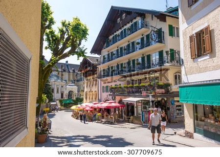 St. Wolfgang, Austria - June 23, 2014: Hotel Schwarzes Roessl at the famous lake Wolfgangsee. Popular travel destination within Austria.