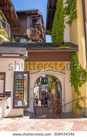 St. Wolfgang, Austria - June 23, 2014: Access tot the Hotel Weisses Roessl at the famous lake Wolfgangsee. Popular travel destination within Austria.
