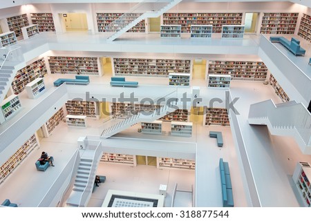 Stuttgart, Germany - March 17, 2014: The Stuttgart City Library designed by Eun, Young, Yi. It provides more than 500.000 books. View from the top level into the upper hall.