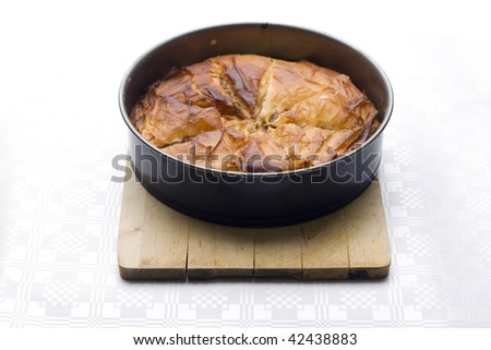 pie made with phyllo pastry in baking pan