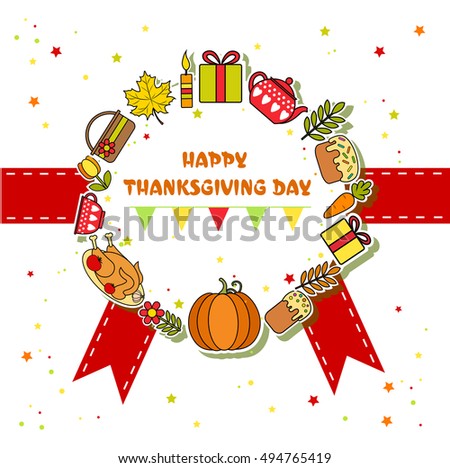 Happy Thanksgiving Day greeting card design with elements of the holiday. Postcard.
