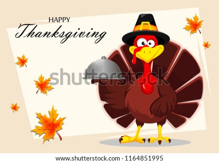 Happy Thanksgiving, greeting card, poster or flyer for holiday. Thanksgiving turkey holding restaurant cloche. Vector illustration on abstract light background