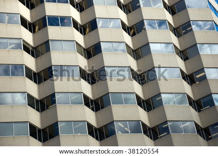 Hospital building exterior- a unique window pattern.