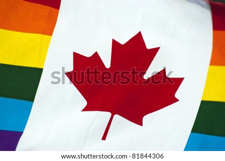 TORONTO, ONTARIO, CANADA - JULY 3: Canadian Pride flag with maple leaf at the 2011 Annual Gay Pride Parade in Toronto on July 3, 2011.