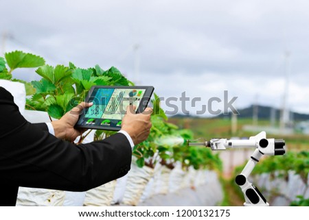 Farmer business holding a tablet smart arm robot work strawberry care agricultural machinery technology