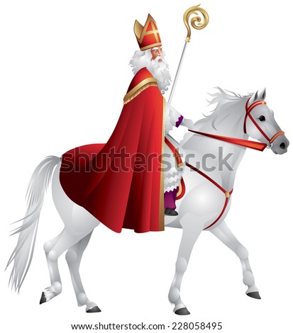 Heilige Nikolaus, Sinterklaas on the horse, winter holiday figure based on Saint Nicholas, Bishop of Myra, model for Santa Claus, celebrated with the giving of gifts on eve and feast of Saint Nicholas
