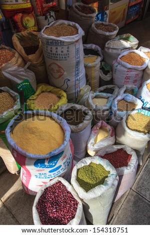 Herbs in big bags on the street for sale