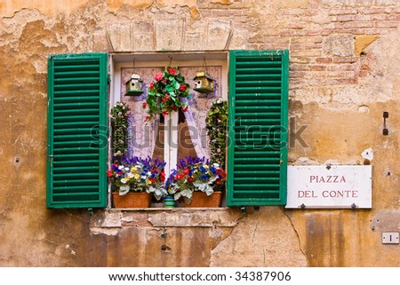 Window with hatches and flowers in the city Lucca