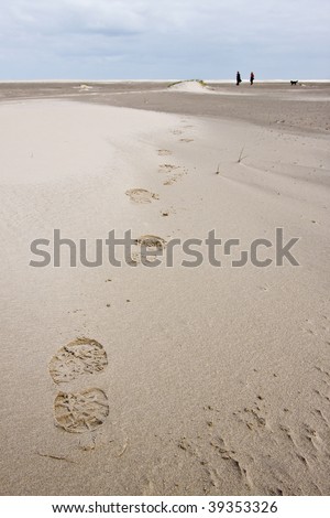 Foot print of woman walking in the sand dunes near the sea