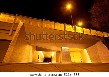 Artistic golden bike tunnel at night in Groningen