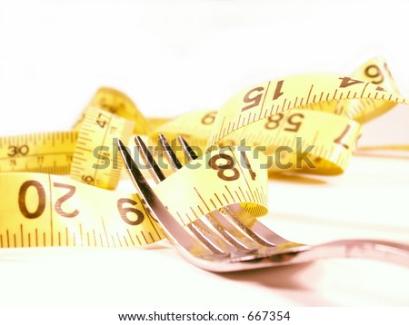 tape measure wrapped around silver fork isolated on white