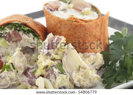 Chicken salad wrap with potato salad. Shallow DOF. Focus on potato salad.