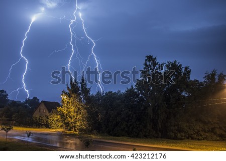 Thunder lightning on a small village and forest