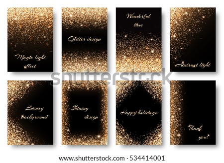 Set glitter background with glowing lights. Golden sparks on a black backdrop. Kit for decorating festive greeting cards.