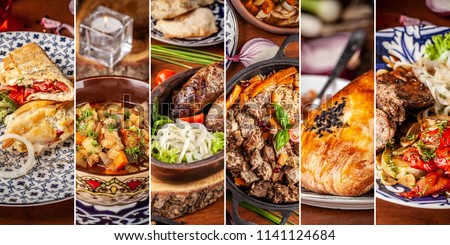 The concept of Traditional Eastern, Asian. Arabic cuisine. Seth from different dishes. background image.
