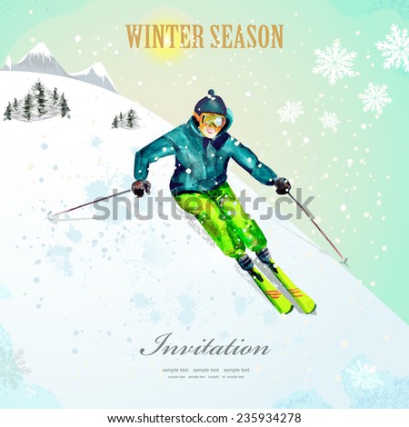 Winter sport. girl skiing at ski resort. watercolor. vintage poster for your design.