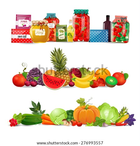 collection borders with preserve food, vegetables, fruits. autumn harvest