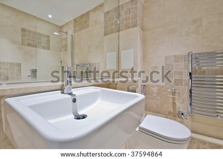 detail of the modern en-suite bathroom with white wash basin and wc