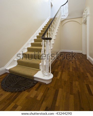 historical entrance hall with vintage staircase with beige carpet and original decor