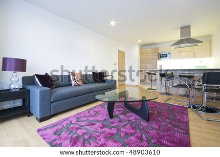 Modern open plan living area with fully fitted kitchen and dining table for four
