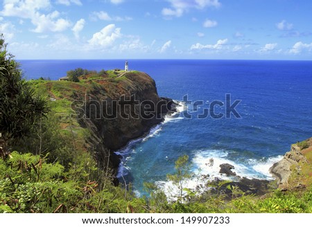 Distant view of Kilauea Point Lighthouse, perched at the end of a peninsula in the Kilauea Point National Wildlife Refuge.