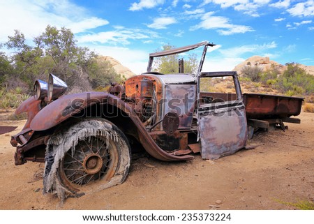 The skeleton of a car from the 1940s lies rusting in Joshua Tree National Park.