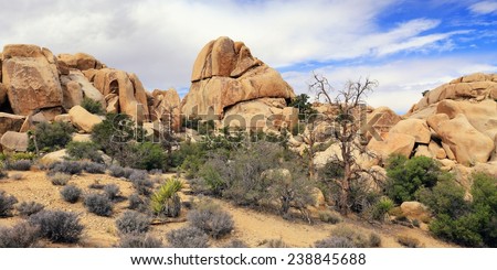 A rocky, high desert scene with modest vegetation and a partly cloudy sky.