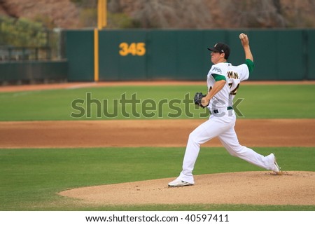 PHOENIX, AZ - NOVEMBER 4: James Simmons, a rising star for the Oakland A\'s, pitches in an Arizona Fall League game Nov. 4, 2009 in Phoenix, Arizona. Simmons\' Desert Dogs lost to the Saguaros, 3-2.