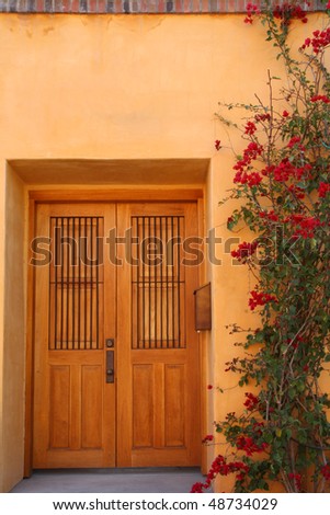 door and flowering vine in Southwestern neighborhood
