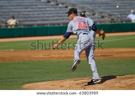 MESA, AZ - OCT. 18: Scott Barnes, a top prospect for the Cleveland Indians, delivers a pitch in an Arizona Fall League game Oct. 18, 2010 at HoHoKam Stadium. Barnes pitched four scoreless frames.