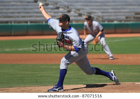 MESA, AZ - OCTOBER 17: Stephen Fife, a Los Angeles Dodgers prospect, pitches for Salt River Rafters in an Arizona Fall League game Oct. 17, 2011 at HoHoKam Stadium. Fife allowed 7 runs in 3 innings.